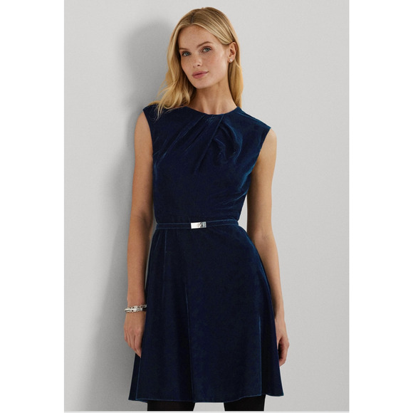 Lauren Ralph Lauren Velvet Cap Sleeve Dress Blue Petite Size 2P (Missing Belt) - Picture 3 of 5